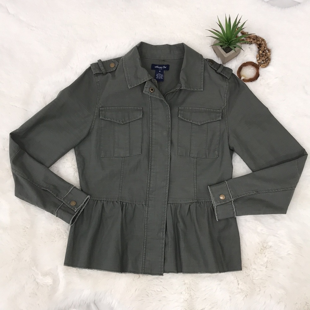 Anna Cai Army Olive Green Peplum‎ Jean Jacket Ruffle Bottom Size Medium